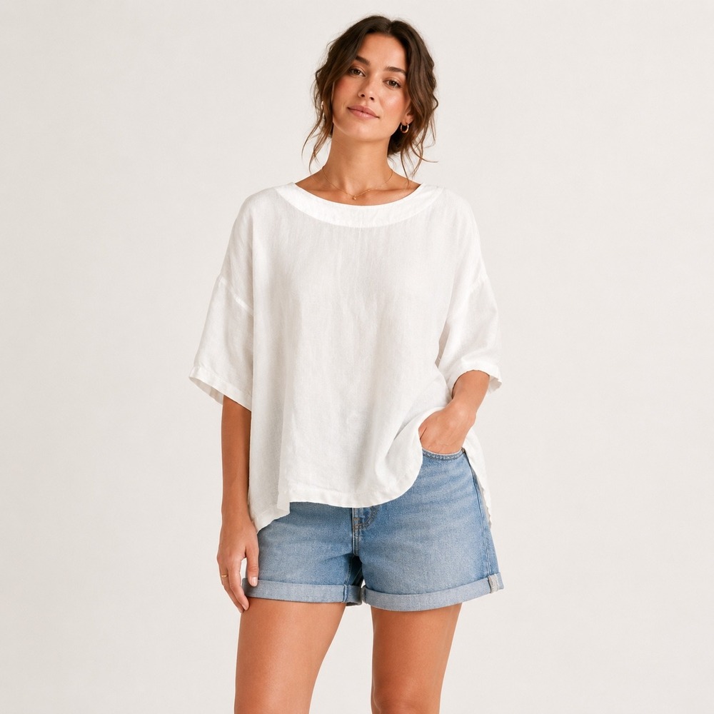 Bryn Walker White Linen Boxy Boat Neck Top Short Sleeve Large Made in USA
